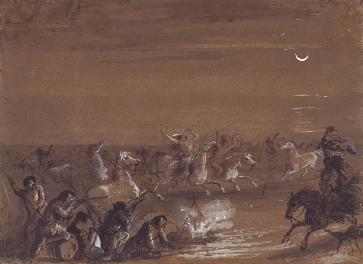 Stampede by the Blackfeet, n. 1837 (muste, pesu ja guassi tummalla paperilla) tekijältä Alfred Jacob Miller