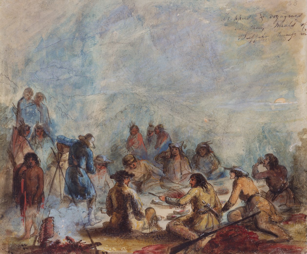 Auringonnousu, ansoja ja matkailijat Buffalo Hump Ribin aterioilla, n. 1837 (akvarelli paperille) tekijältä Alfred Jacob Miller