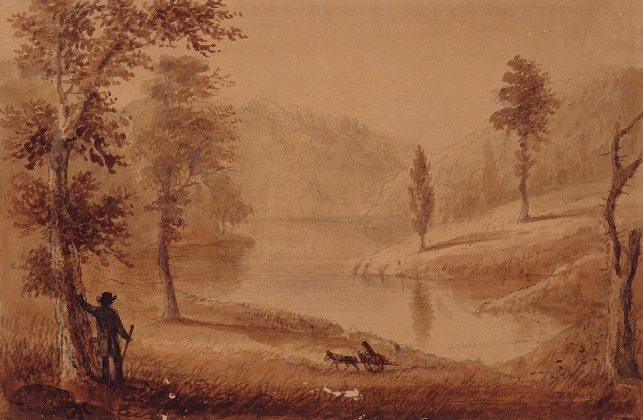 Joutsenjärvi, n. 1837 (akvarelli paperille) tekijältä Alfred Jacob Miller