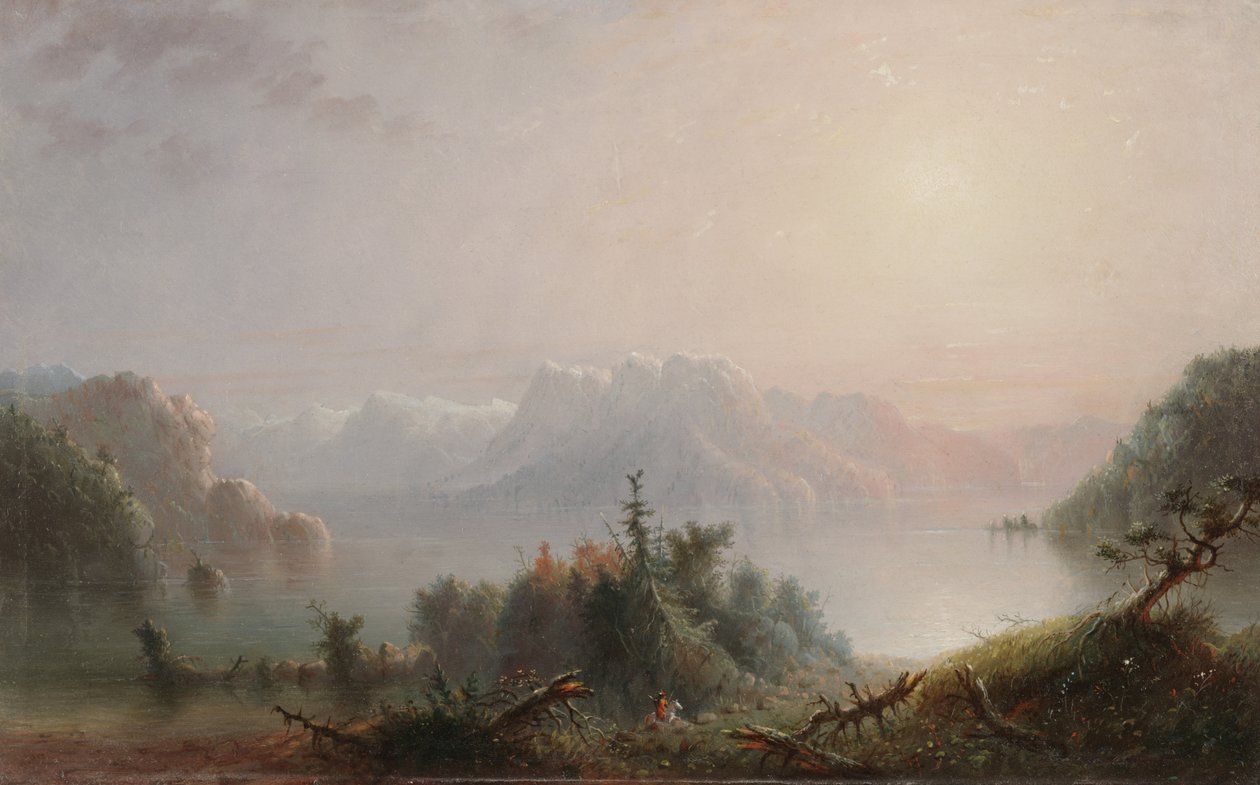 Lake Her Lone Bosom laajenee taivaalle, n. 1850 (öljy paneelissa) tekijältä Alfred Jacob Miller