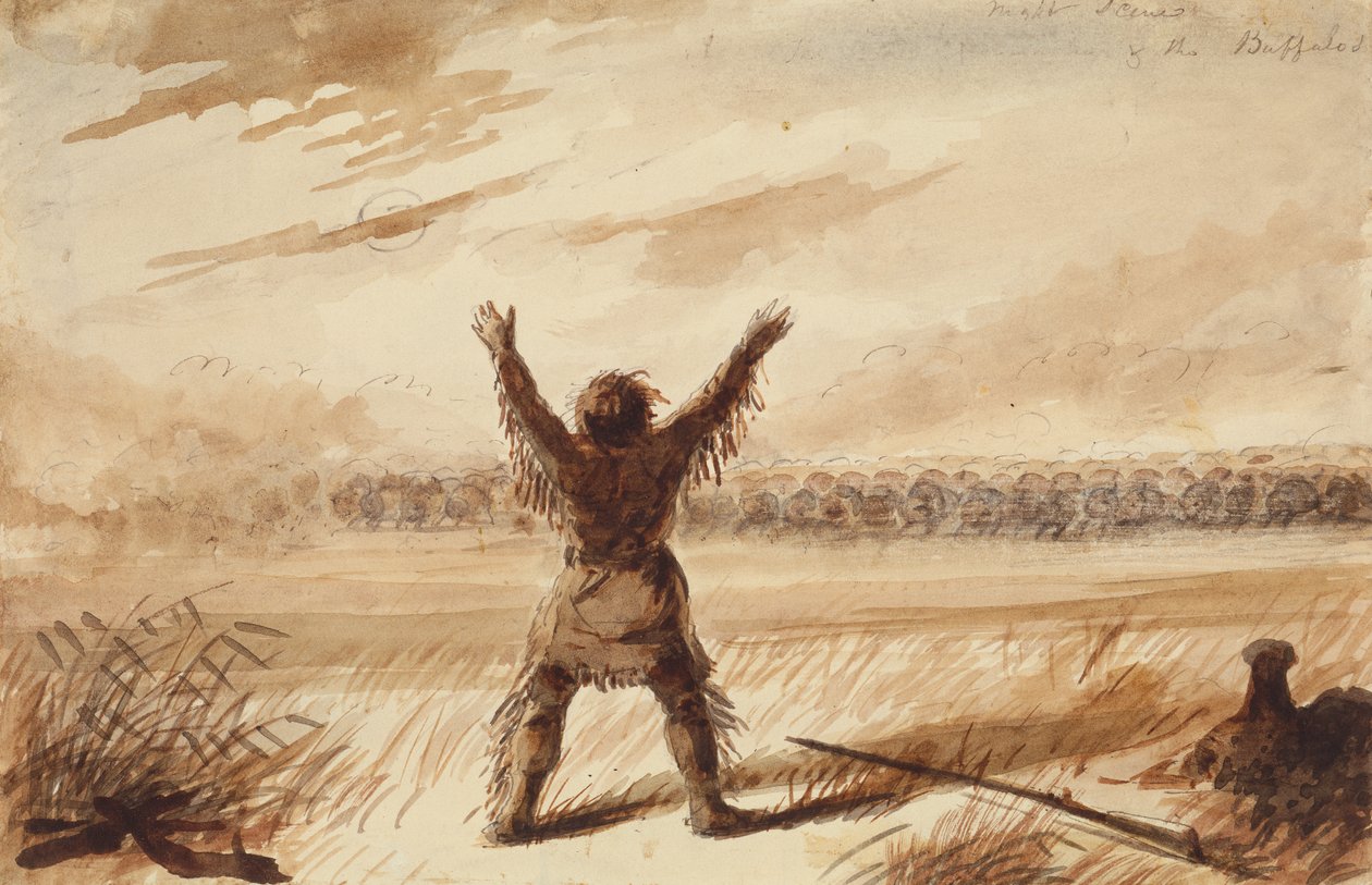 Buffalo-lauma häiritsee ansoja, n. 1837 (lyijykynä, kynä ja muste, ja pese paperille) tekijältä Alfred Jacob Miller