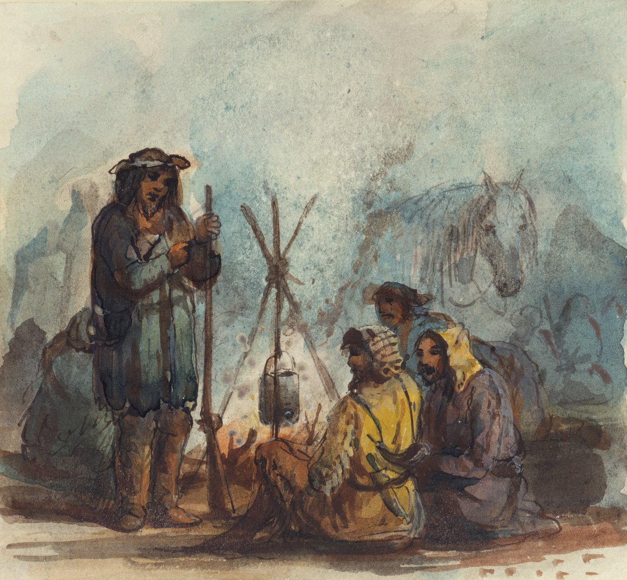Trappers, n. 1837 (kynä ja muste, akvarelli ja guassi paperille) tekijältä Alfred Jacob Miller