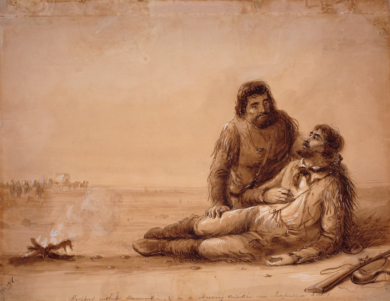 Ansastajat ilman ampumatarvikkeita ja nälkäisessä tilassa lähellä Independence Rockia, n. 1850 (seepiapesu paperilla) tekijältä Alfred Jacob Miller