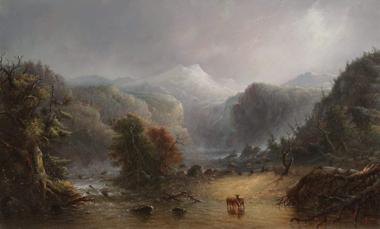 Missä pilvet rakastavat levätä, n. 1850 (öljy paneelille) tekijältä Alfred Jacob Miller