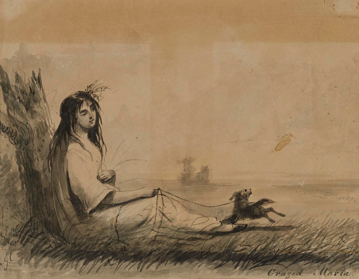 Lepääviä naisia ja talutushihnassa oleva koira (Laurence Sternen teoksesta "Tunteellinen matka", 1768) tekijältä Alfred Jacob Miller