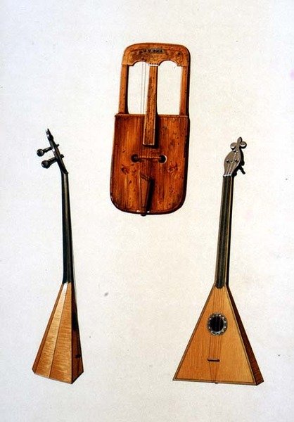 Walesin crwth ja venäläinen balalaika kappaleesta "Musical Instruments" (värillinen lito) tekijältä Alfred James Hipkins