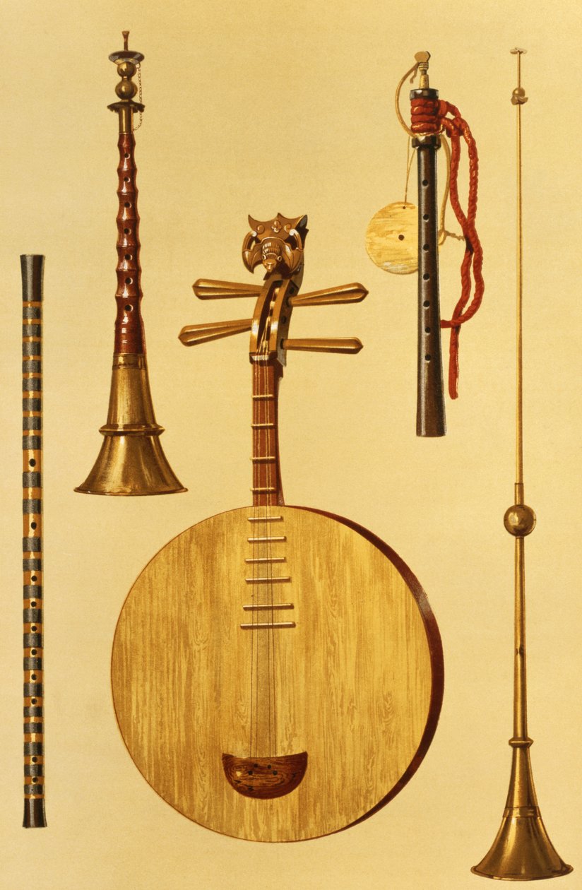 Dizi, sona, yueqin, kiina, japanilainen hichiriki ja kiinalainen laba, kappaleesta "Musical Instruments" (värillinen lito) tekijältä Alfred James Hipkins