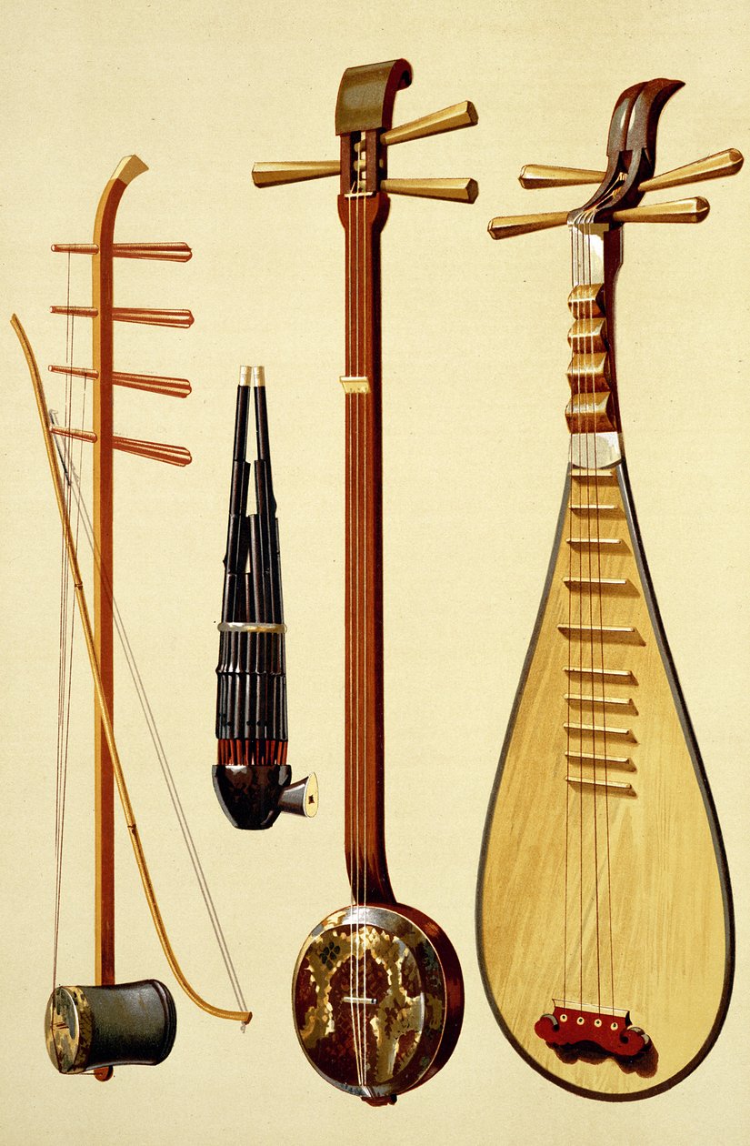 Huqin ja jousi, sheng, sanxian ja pipa, kiinalaiset soittimet "Musical Instruments" -sarjasta (värillinen lito) tekijältä Alfred James Hipkins
