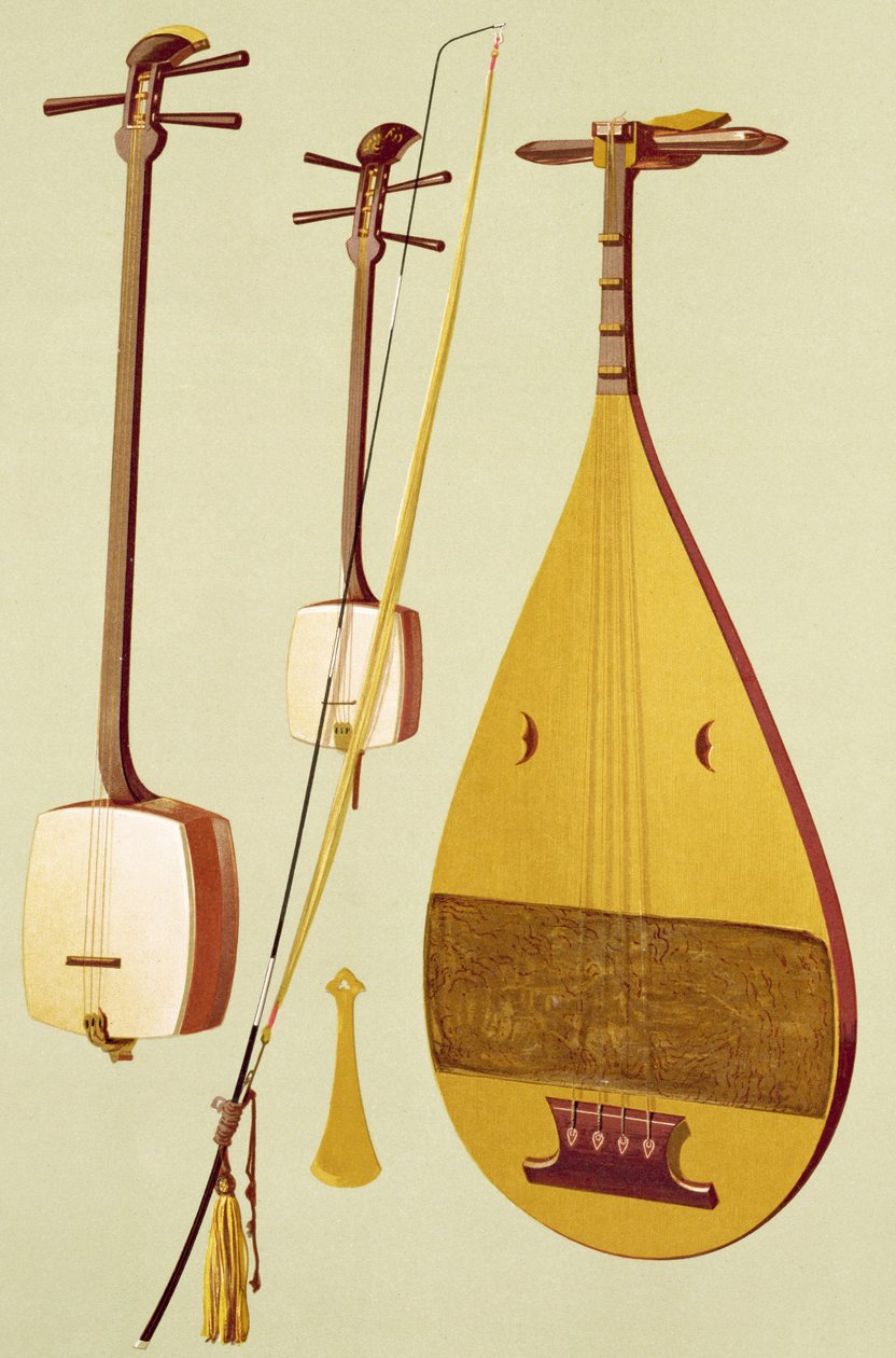 Shamisen, kokyu ja biwa, japani, kappaleesta "Musical Instruments" (värillinen lito) tekijältä Alfred James Hipkins