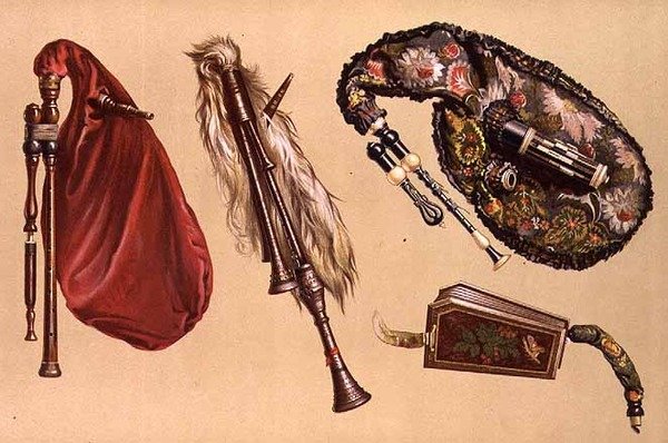 Säkkipillit: neljä, mukaan lukien Cornemuse, Calabrian ja Musette, kappaleesta "Musiikki-instrumentit" (värillinen lito) tekijältä Alfred James Hipkins