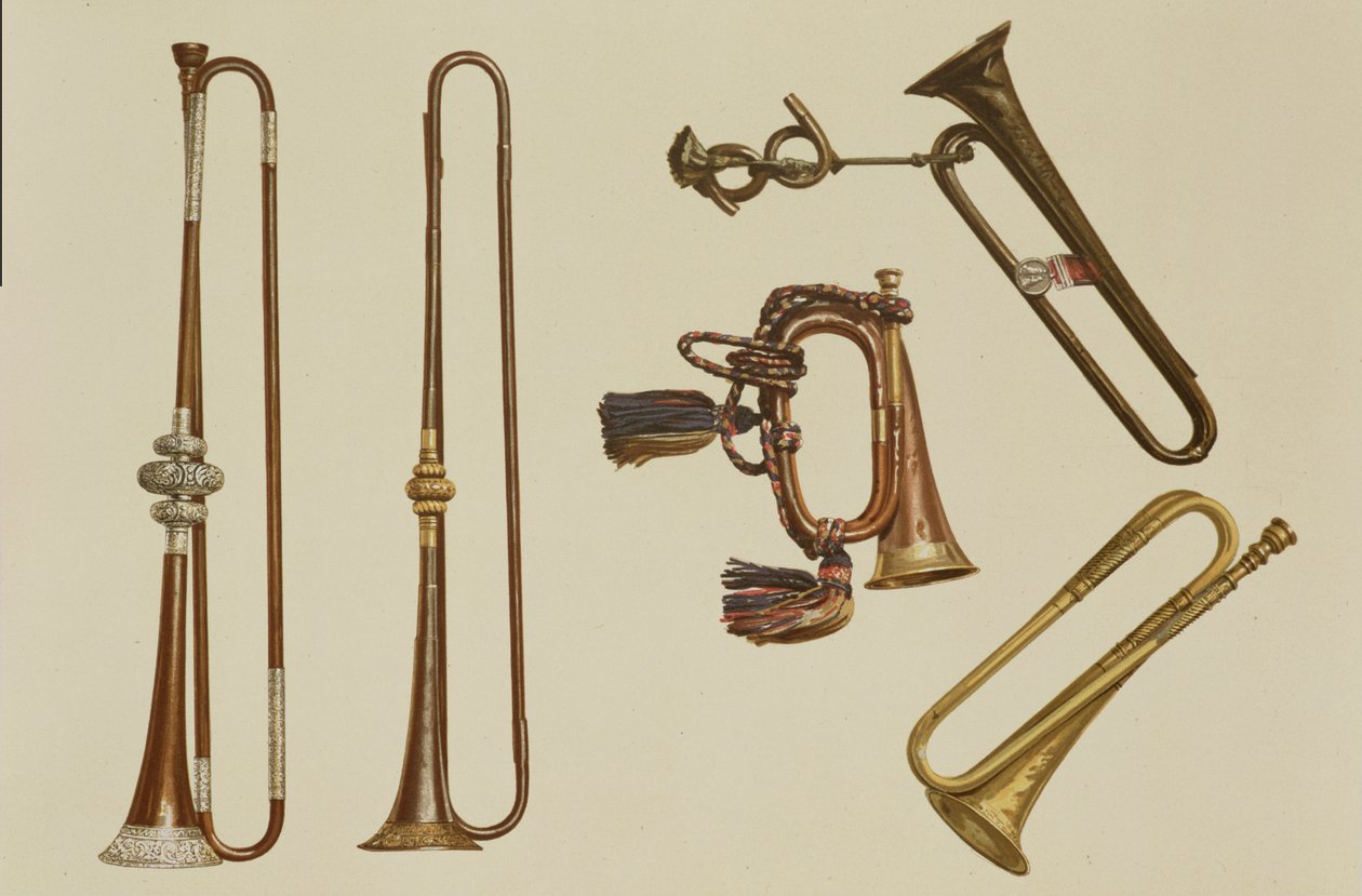 Ratsuväen trumpetti, bugle, kullattu trumpetti, jonka on valmistanut John Harris n. 1730, trumpetti ja hopeaasennettu trumpetti, William Ball n. 1680, kappaleesta "Musiikki-instrumentit" (värillinen lito) tekijältä Alfred James Hipkins