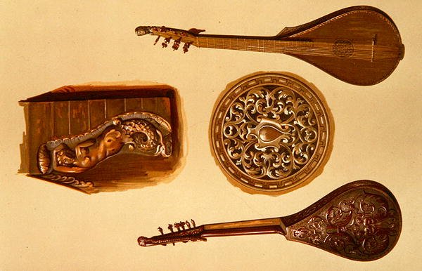 Cittern, italialainen, kappaleesta "Musical Instruments" (värillinen lito) tekijältä Alfred James Hipkins