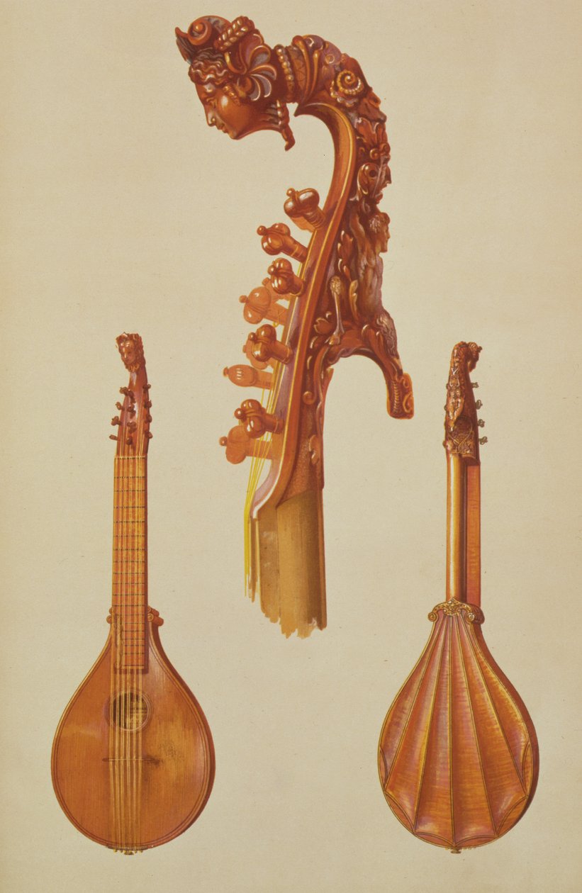 Antonio Stradivariuksen (n. 1644-1737) valmistama sitruuna 1700, kappaleesta "Musical Instruments" (värillinen lito) tekijältä Alfred James Hipkins
