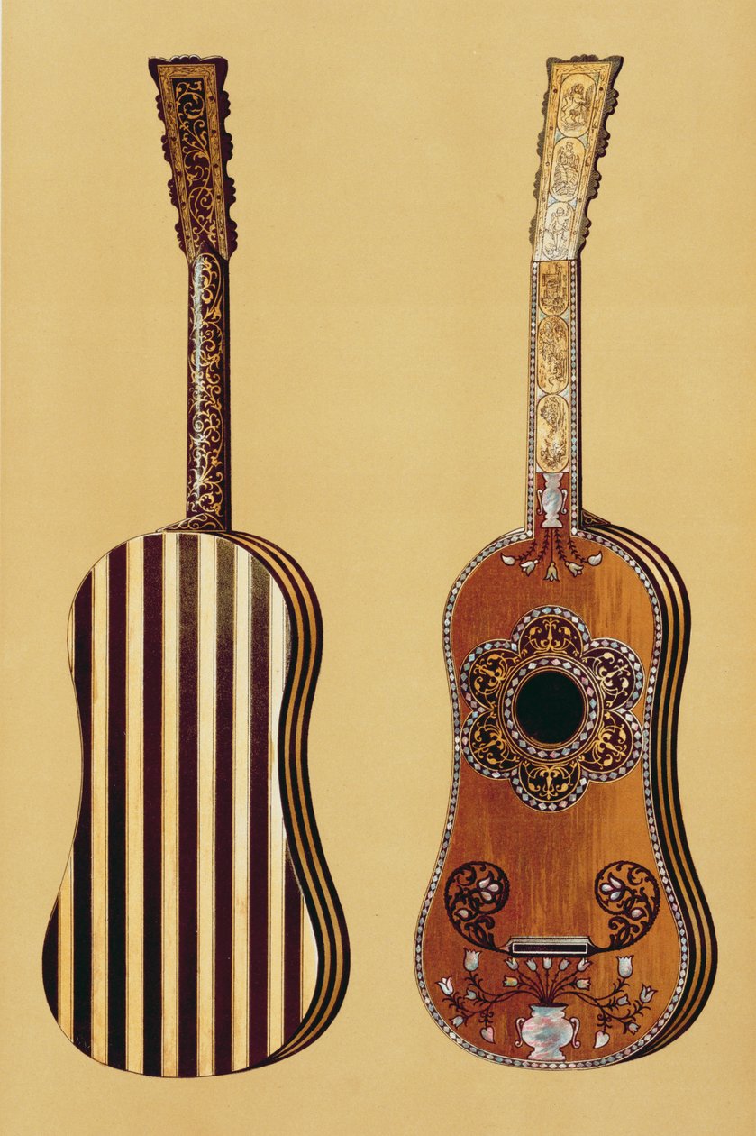 Helmiäisuurteinen kitara, kappaleesta "Musical Instruments" (värillinen lito) tekijältä Alfred James Hipkins