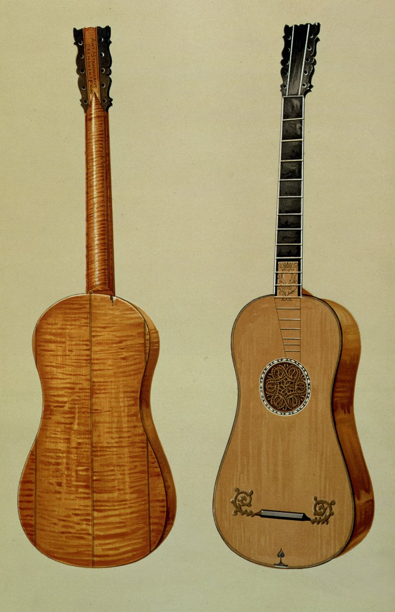 Kitara, jonka on valmistanut Antonio Stradivarius (n. 1644-1737), kappaleesta "Musical Instruments" (värillinen lito) tekijältä Alfred James Hipkins