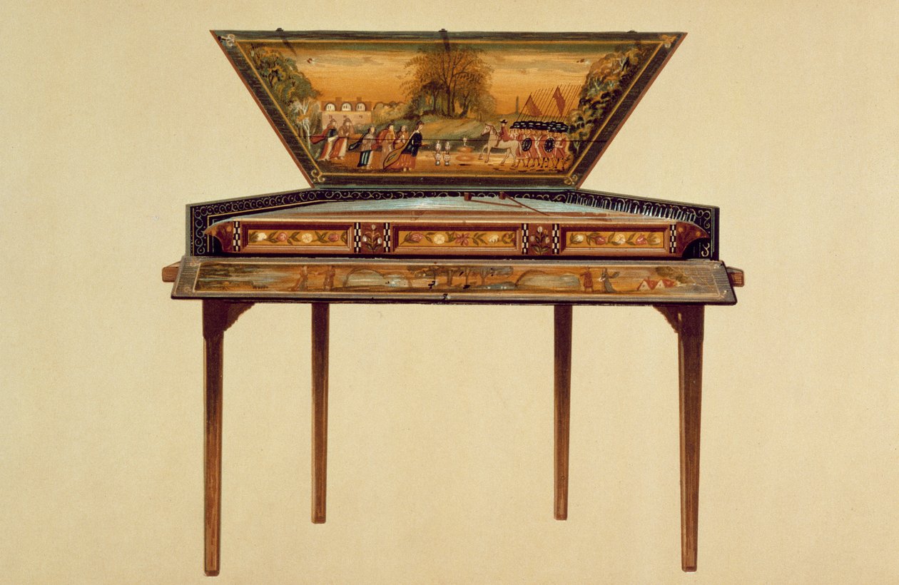 Vasarasoitto maalatussa äänirasiassa, 1700-luku, lähteestä "Musical Instruments" (värillinen litografia). tekijältä Alfred James Hipkins