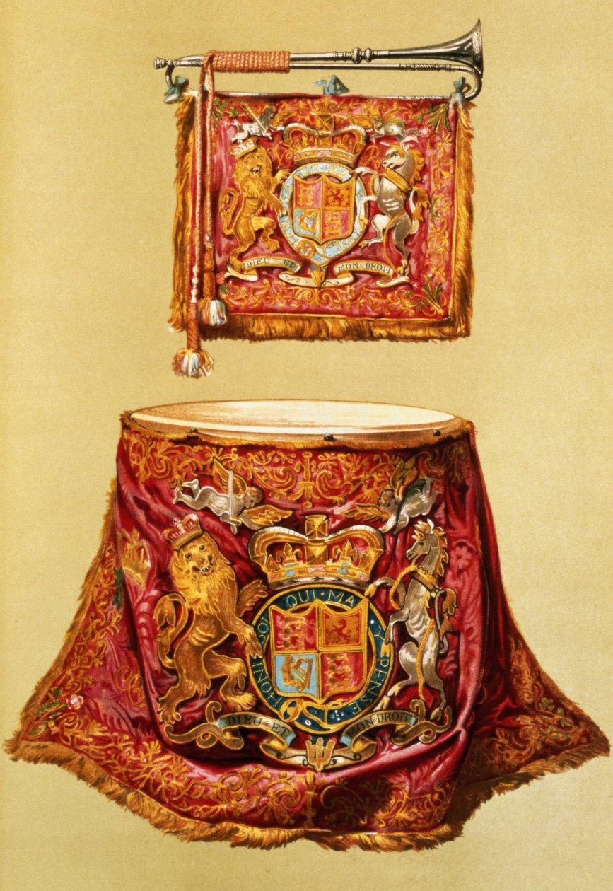 Valtion trumpetti, luultavasti Yrjö III, ja kattilarumpu, jossa on valtion merkintöjä, kappaleesta "Musiikki-instrumentit" (värillinen lito) tekijältä Alfred James Hipkins