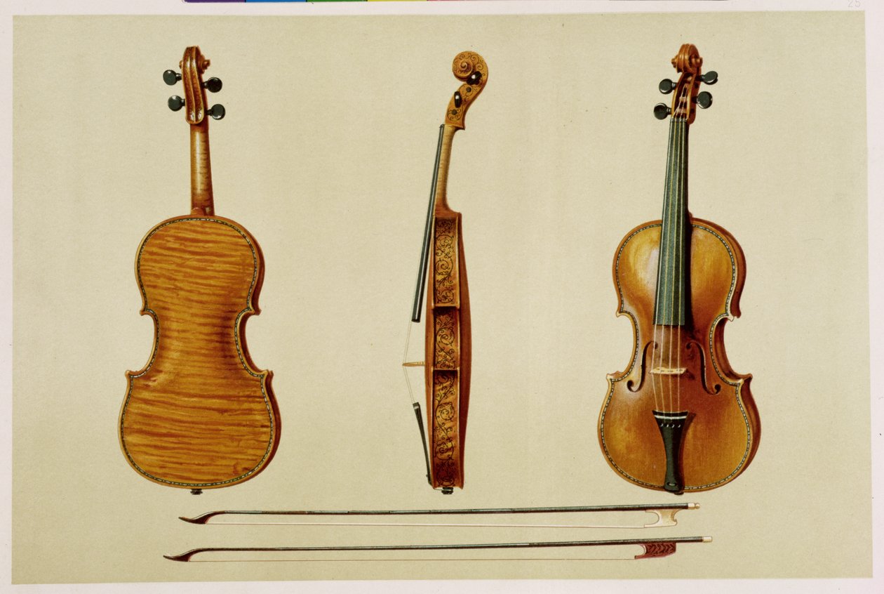 Antonio Stradivariuksen (n. 1644-1737) vuonna 1679 tekemä Hellier-viulu "Musiikki-instrumenteista" (värillinen lito) tekijältä Alfred James Hipkins