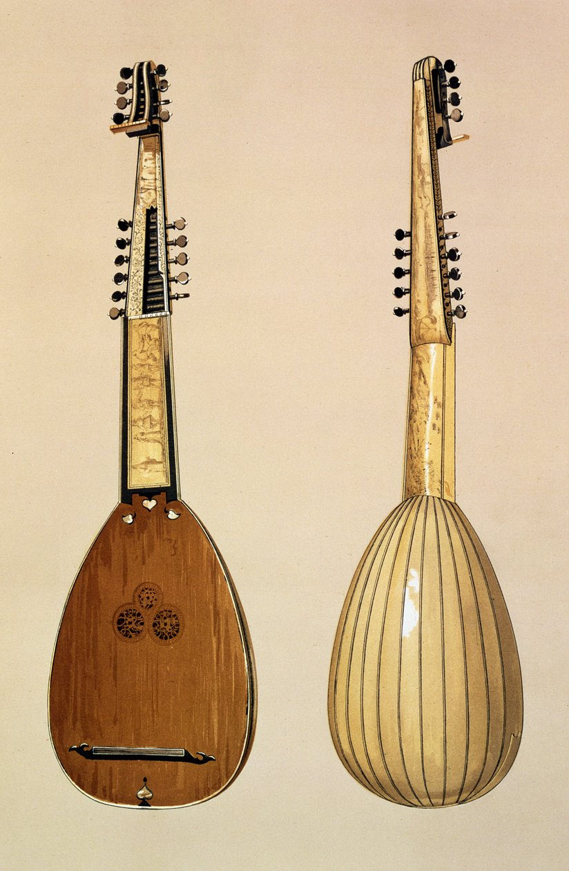 Theorbo, valmistaja Giovanni Krebar, Padova, 1629, kappaleesta "Musical Instruments" (värillinen litho) tekijältä Alfred James Hipkins