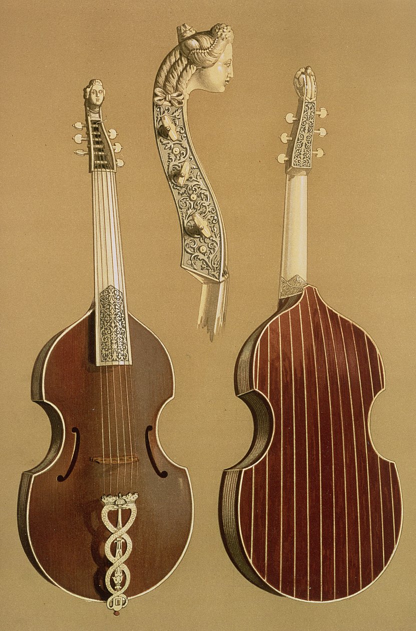 Viola da Gamba tai bassoviulu, kirjoittanut Joachim Tielke (1641-1719) Hampuri, 1701, kappaleesta "Musical Instruments" (värillinen lito) tekijältä Alfred James Hipkins
