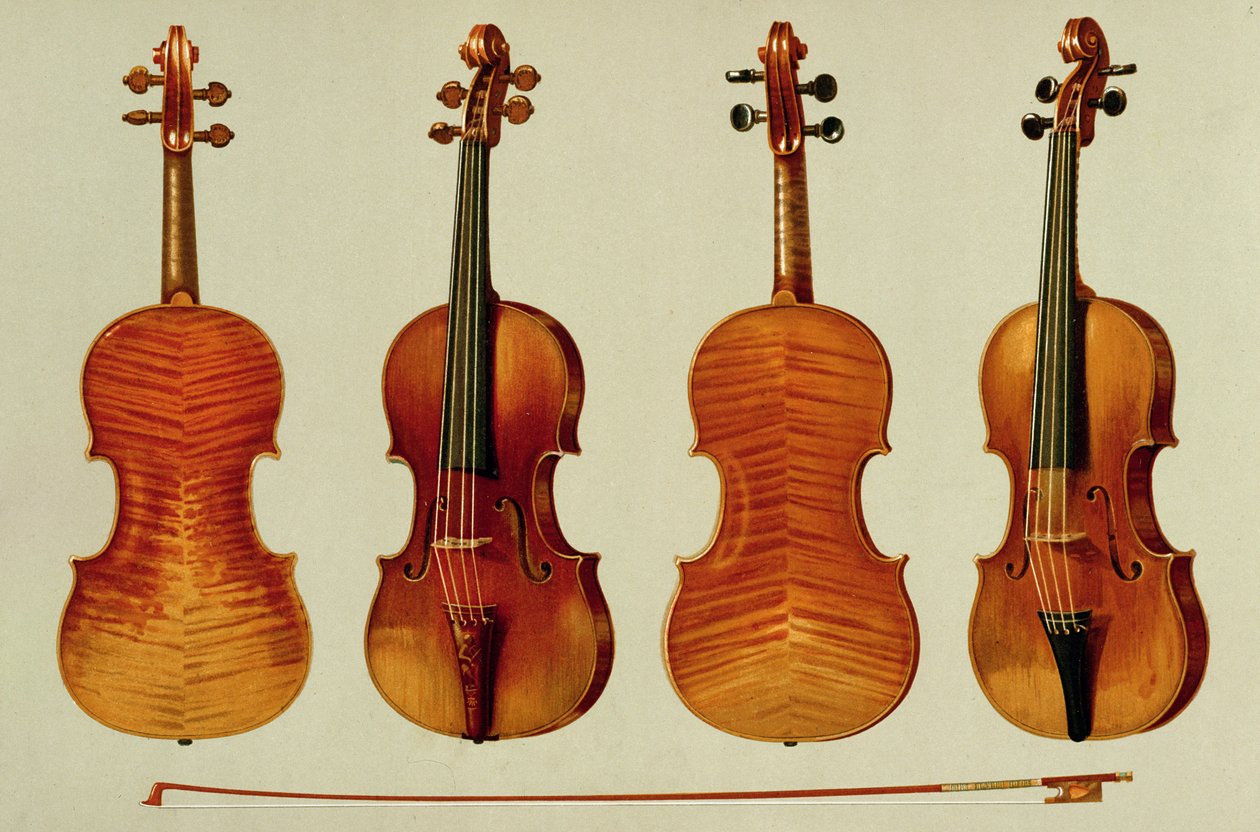 Viulut (LtoR): Antonio Stradivariuksen (n. 1644-1737) "Alard" 1715 ja Giovanni Guarnerin "del Gesu" (k. 1744) "Musical Instruments" (värillinen lito) "King Joseph" tekijältä Alfred James Hipkins