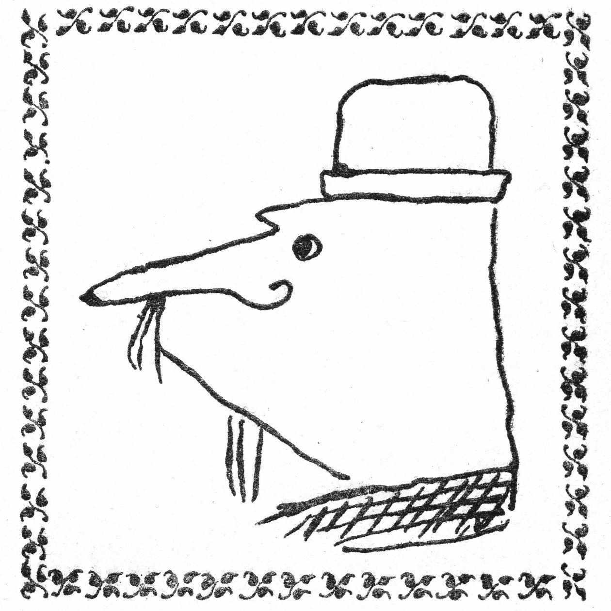 Alfred Jarryn kirjoittama Monsieur Ubun muotokuva. Kynäpiirros typografisessa kehyksessä, jossa on kolminkertaiset säikeet -Princeps edition by Ubu Roi, Mercure de France, kesäkuu 1896. tekijältä Alfred Jarry