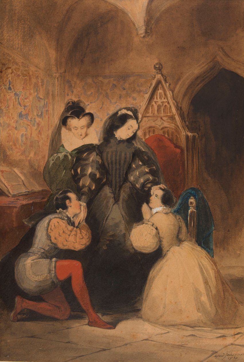 Mary Stuart siunaa Roland Groemea ja Catherine Seytonia. Walter Scottin Apotti, 1830 jälkeen. tekijältä Alfred Johannot