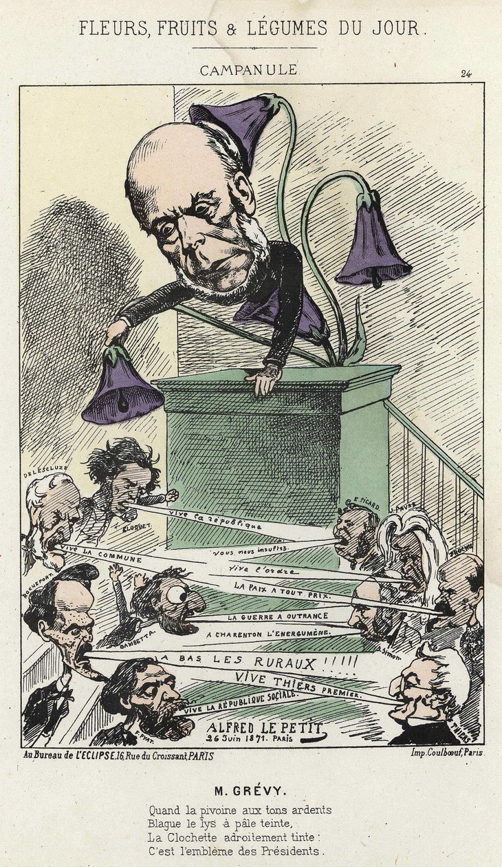 Kellokukka: karikatyyri Grévystä - ill. 26/06/1871, kirjoittanut Alfred Le Petit, teoksessa "Päivän kukat, hedelmät ja vihannekset" tekijältä Alfred Le Petit