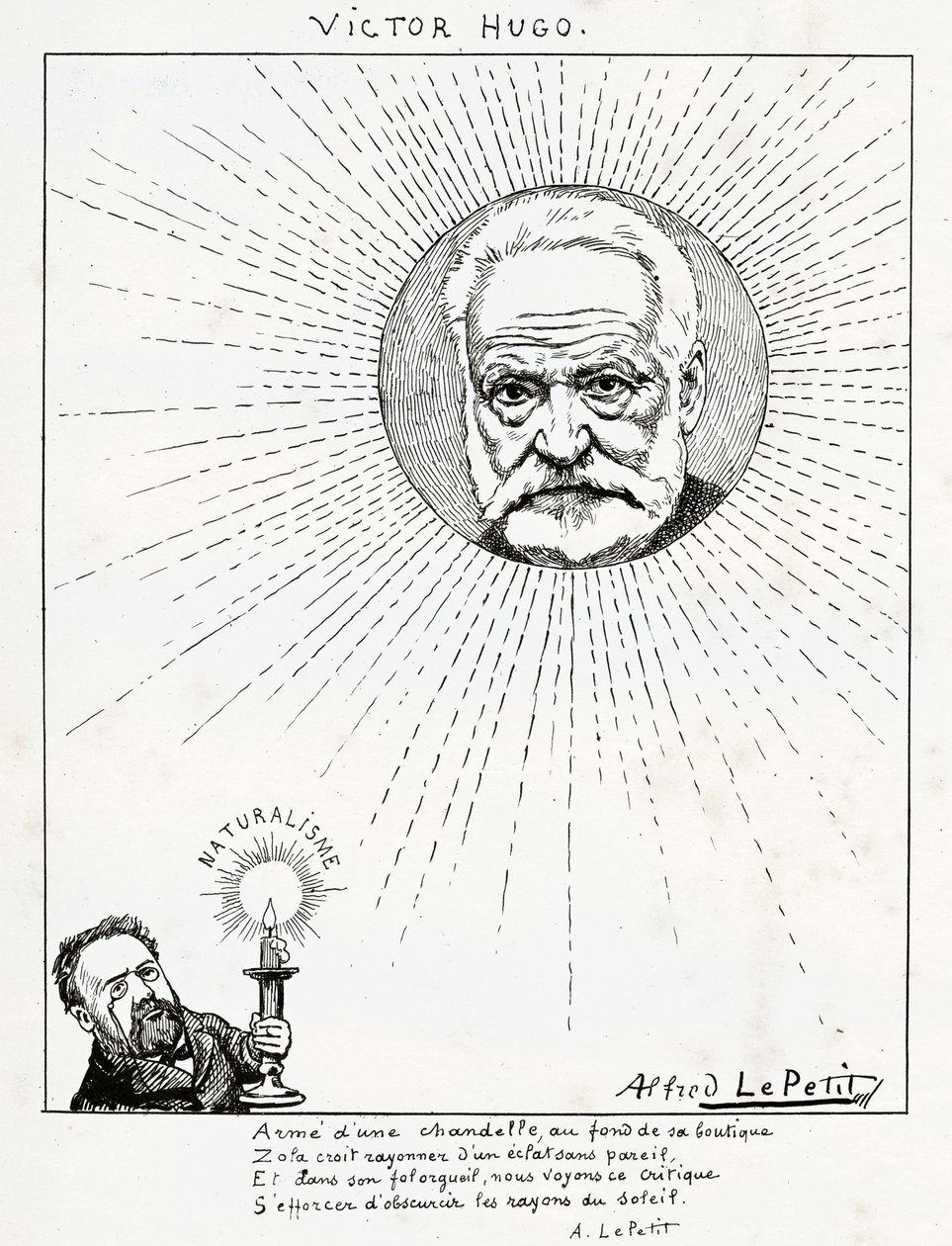 Karikatyyri Victor Hugosta ja Emile Zolasta, n. 1875-1880 (kaiverrus) tekijältä Alfred Le Petit