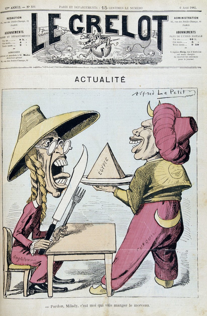 Sarjakuva Turkin ja Englannin välisestä kiistasta Egyptistä - Alfred Le Petityn elokuvassa "" Le Grelot" 8.6.1892 tekijältä Alfred Le Petit