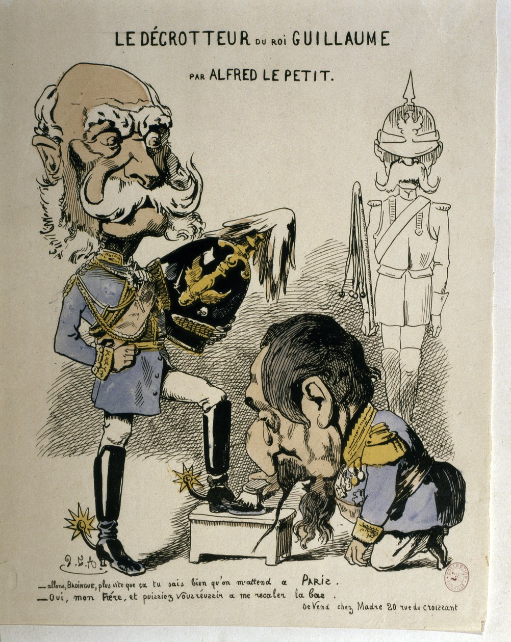RANSKAN JA KYPROKSEN SOTA: Preussin Vilhelm I:n ja Ranskan Napoleon III:n karikatyyri:... tekijältä Alfred Le Petit