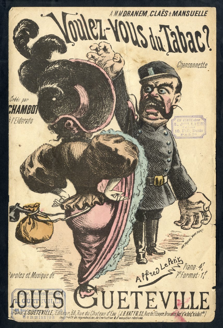 Kuva Alfred Le Petitéstä (1841-1909) teoksessa "" Chanson illustratese ", noin 1900 - Vouvous du tabac. Louis Gueteville - Tupakointi, tupakka tekijältä Alfred Le Petit