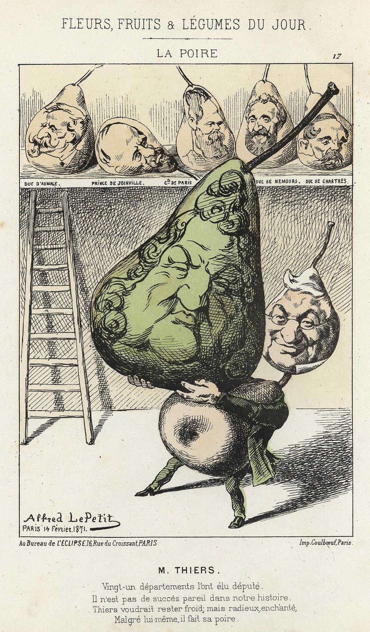 La Peire: Sarjakuva Thiersista - ill. 14/02/1871, kirjoittanut Alfred Le Petity, teoksessa "Päivän kukat, hedelmät ja vihannekset"". tekijältä Alfred Le Petit