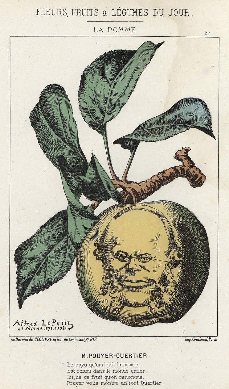 La Pomme: karikatyyri Pouyer Quertieristä (Pouyer-Quertier) - ill. 28.2.1871 alkaen "Päivän kukat, hedelmät ja vihannekset" tekijältä Alfred Le Petit