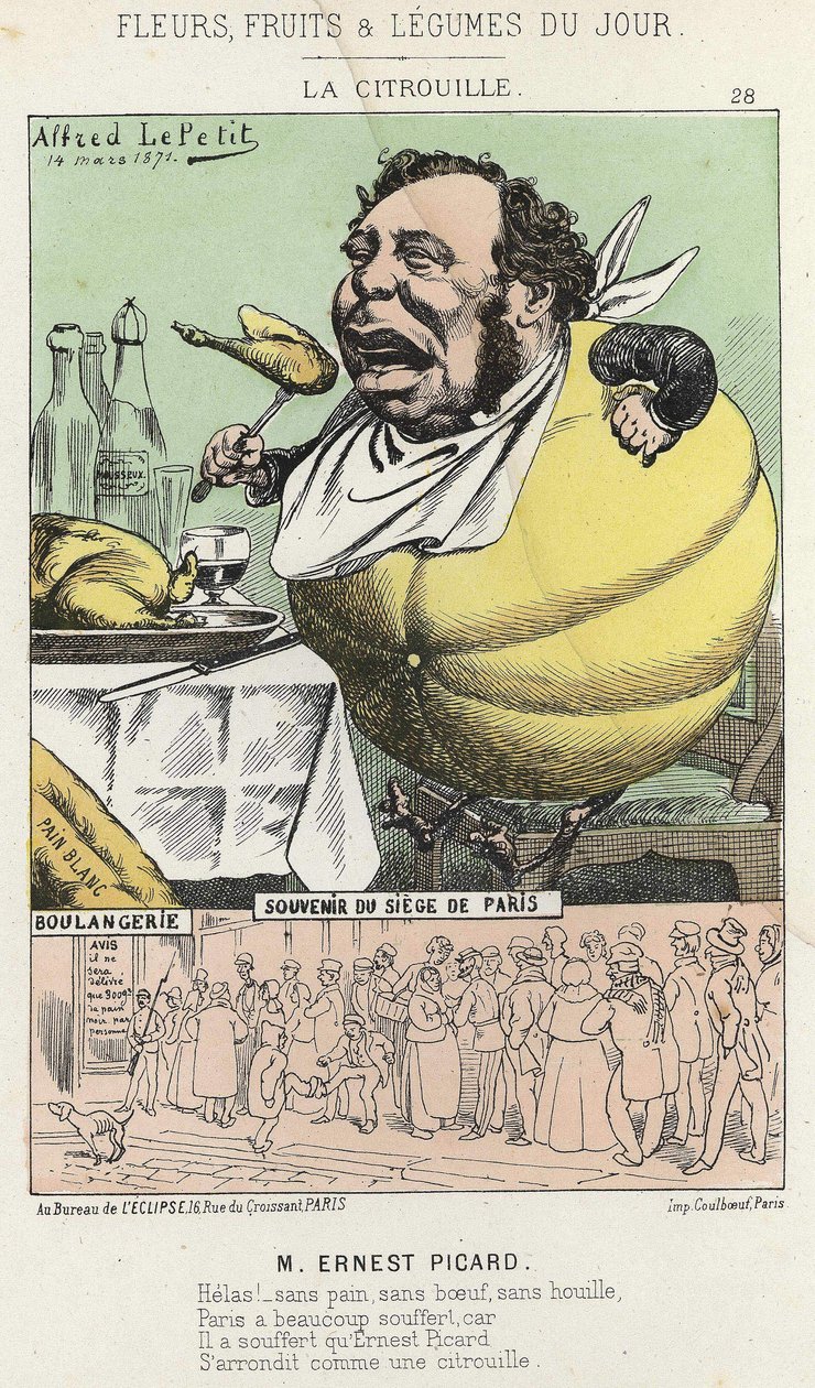 La Pumpkin: Karikatyyri Ernest Picardista - ill. 14.3.1871 "Päivän kukat, hedelmät ja vihannekset" tekijältä Alfred Le Petit