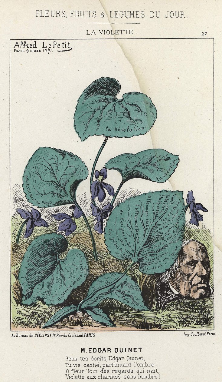 La Violette: Sarjakuva Edgar Quinetistä - ill. 3.9.1871 alkaen "Kukkia, hedelmiä ja vihanneksia du Jourissa" tekijältä Alfred Le Petit