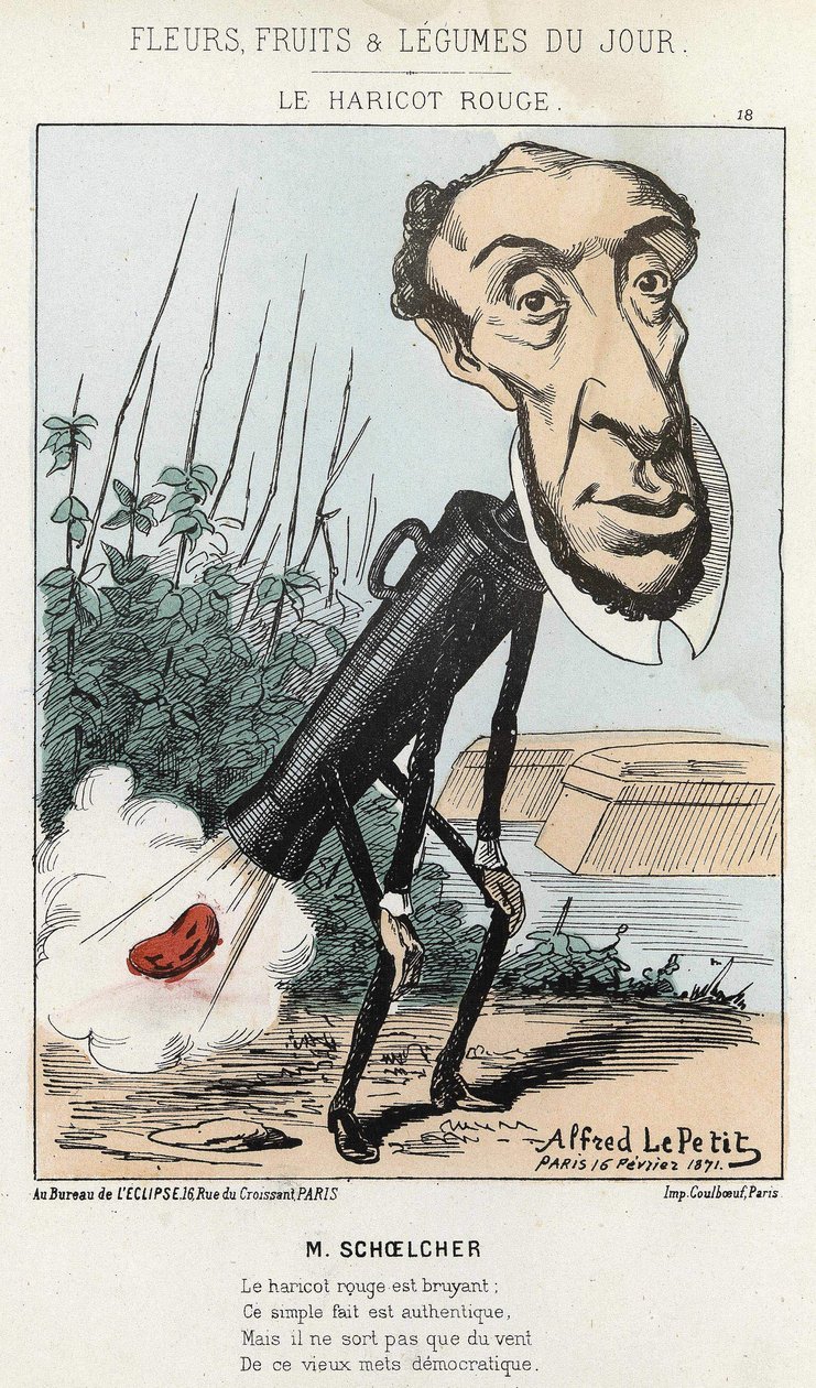 Le Bean rouge: Victor Schoelcherin karikatyyri edustaa Pietarin junassa papua (pierua) - ill. Alfred Le Petité, 16/02/1871, teoksessa "Päivän kukat, hedelmät ja vihannekset". tekijältä Alfred Le Petit