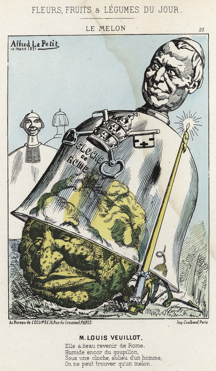 Meloni: Sarjakuva Louis Veuillotista - ill. 10.3.1871 alkaen ”Päivän kukat, hedelmät ja vihannekset” tekijältä Alfred Le Petit