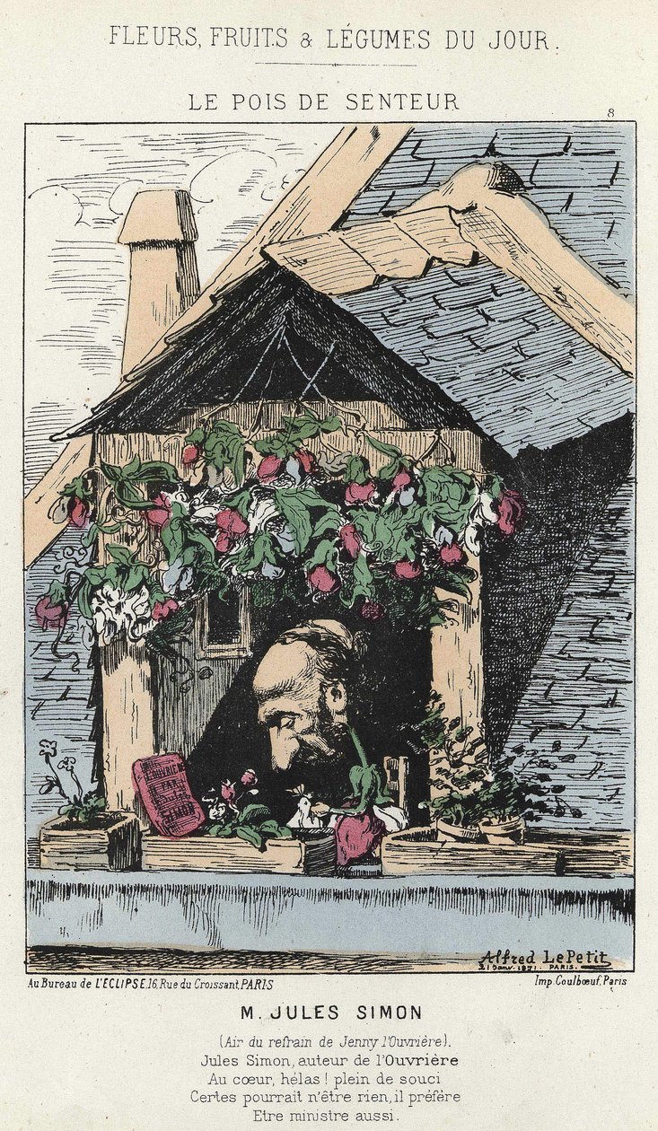 Le Peas de Fragreur: karikatyyri Jules Simonista (1814 - 1896) - ill. 12.1.187 alkaen "Päivän kukat, hedelmät ja vihannekset" tekijältä Alfred Le Petit