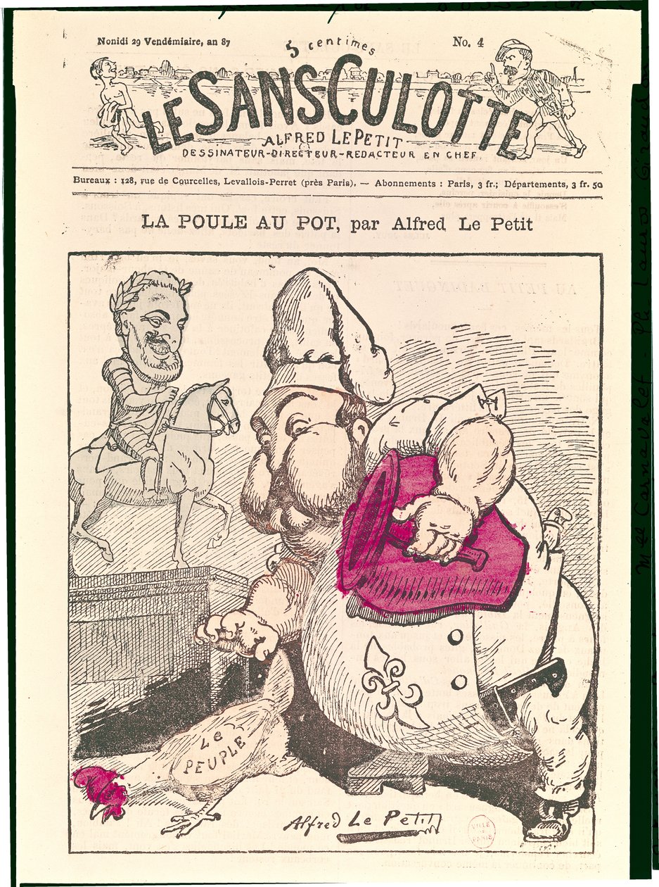 "Le Poule au Pot", karikatyyri Henri Charles Ferdinand Marie Dieudonnesta (1820-83) Chambordin kreivi, "Le Sans-Culotte", 1879 tekijältä Alfred Le Petit