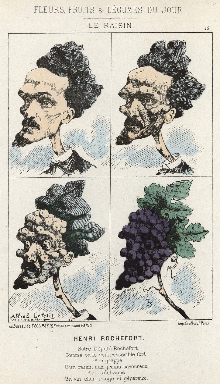 Le Raisin: Sarjakuva Henri Rochefortista - ill. 2.9.1871 alkaen "Päivän kukat, hedelmät ja vihannekset" tekijältä Alfred Le Petit