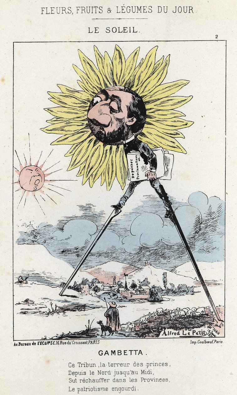 Le Soleil (auringonkukka): karikatyyri Gambettasta (1838 - 1882) - ill. 12.1.1871 alkaen "Päivän kukat, hedelmät ja vihannekset" tekijältä Alfred Le Petit