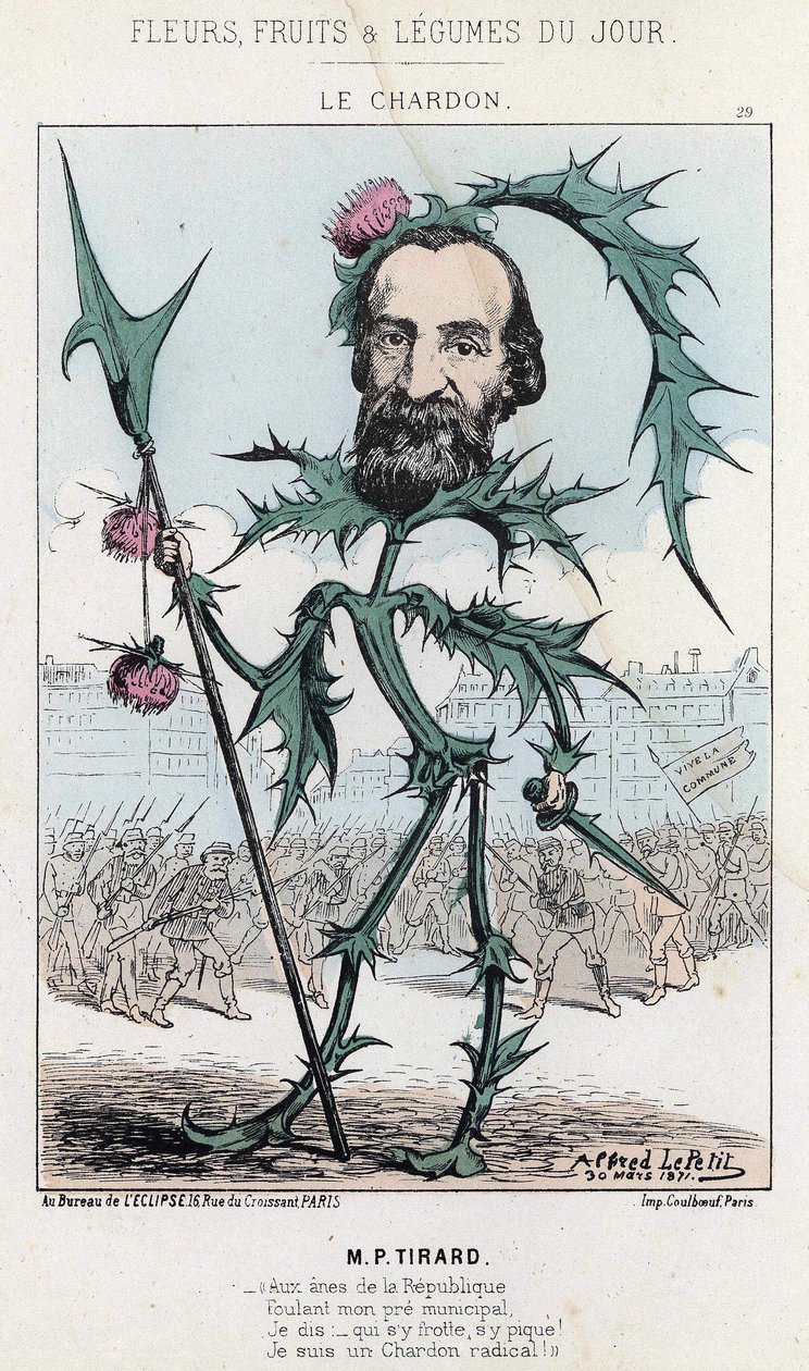 Le Thistle: karikatyyri P. Tirardista - ill. 30.3.1871 alkaen ”Päivän kukat, hedelmät ja vihannekset” tekijältä Alfred Le Petit