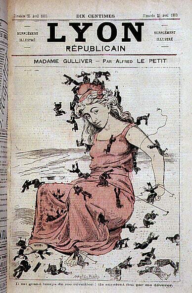 Madame Gulliver: On korkea aika herättää minut: he olisivat syöneet minut (Marianne seisomassa ja papiston miehet, liliputilaisiksi, yrittävät sitoa hänet) - Alfred Le Petitty, "Lyon Républicain" 25. /04/1880 tekijältä Alfred Le Petit