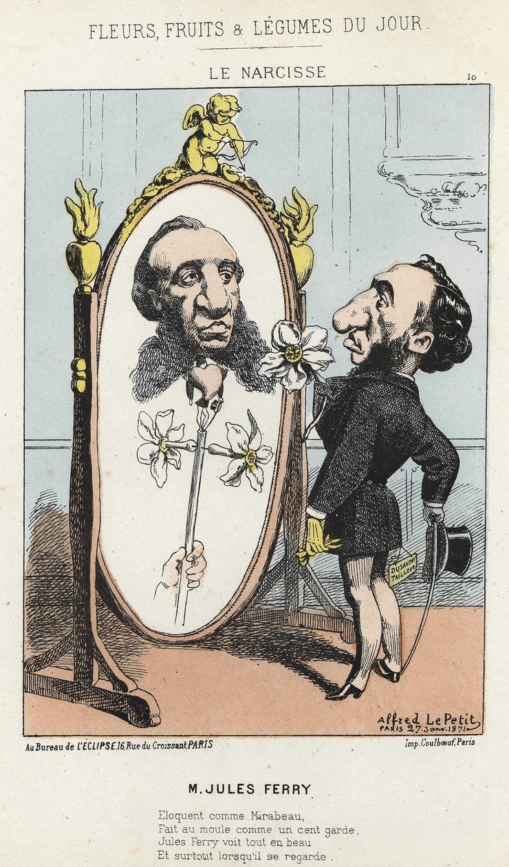 Narcissus: Sarjakuva Jules Ferryllä - ill. 27.1.1871 alkaen "Päivän kukat, hedelmät ja vihannekset" tekijältä Alfred Le Petit