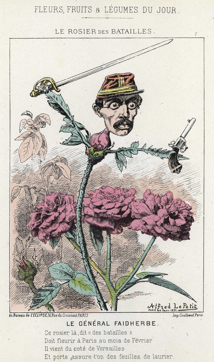 Rosier des Batailles: sarjakuva kenraali Faidherbestä - ill. 20.1.1871 alkaen "Päivän kukat, hedelmät ja vihannekset" tekijältä Alfred Le Petit