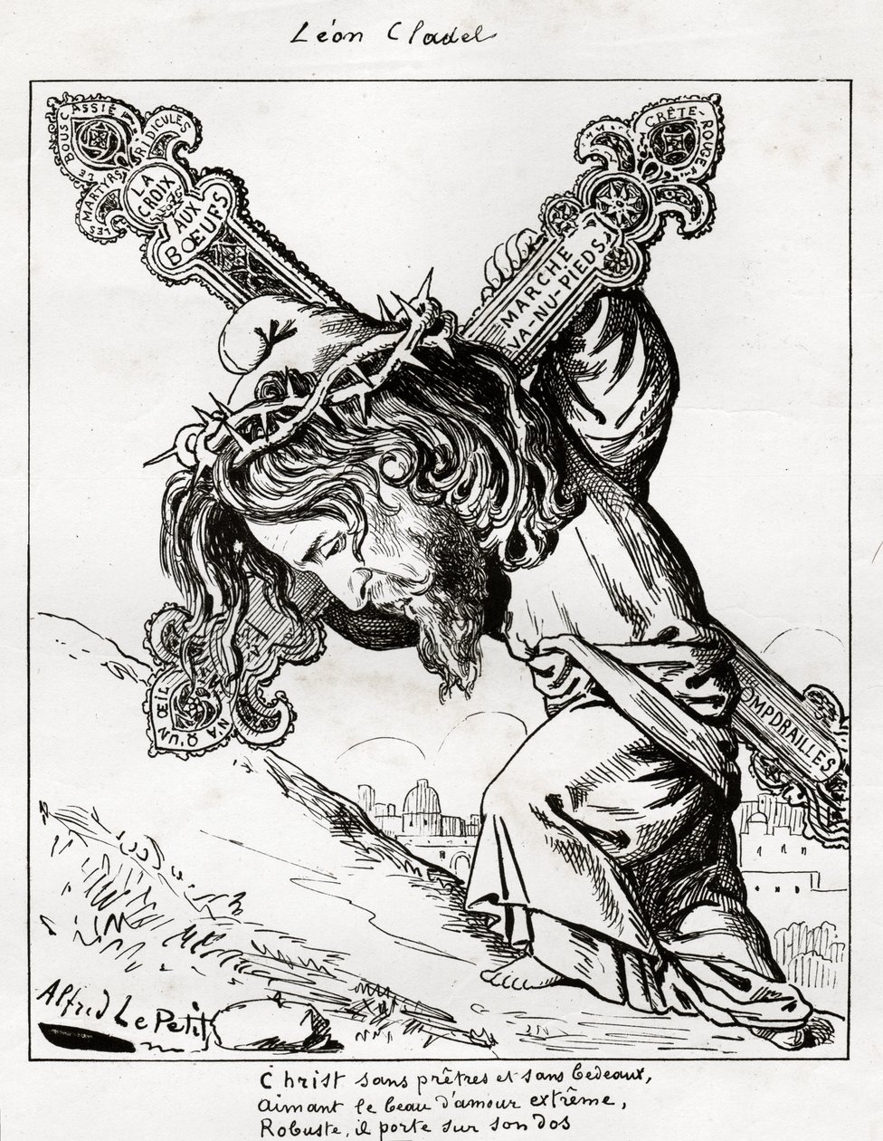 karikatyyri Leon Cladelista, n. 1875-1880 (kaiverrus) tekijältä Alfred Le Petit