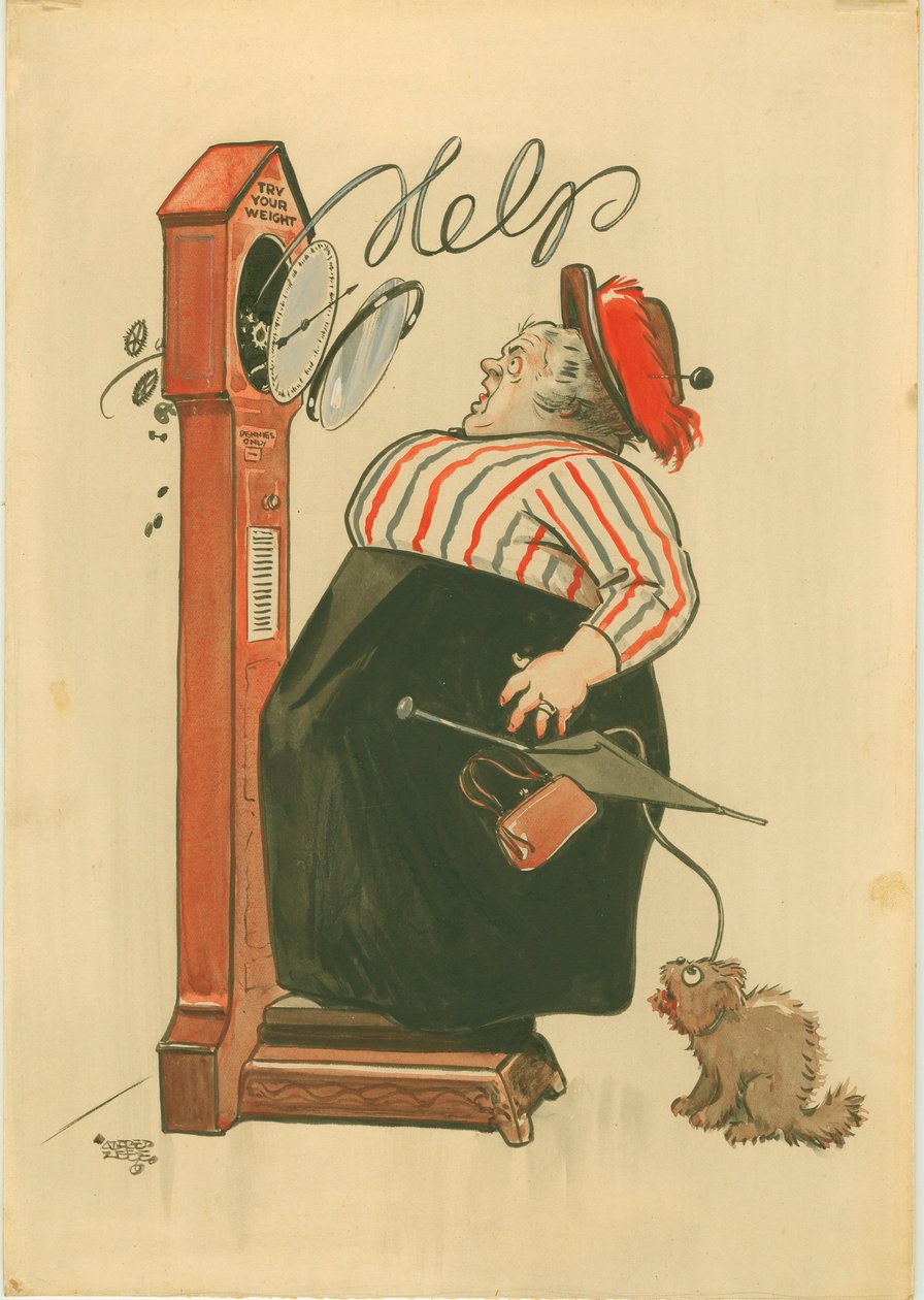 Kokeile painoasi! (vesiväri) tekijältä Alfred Leete