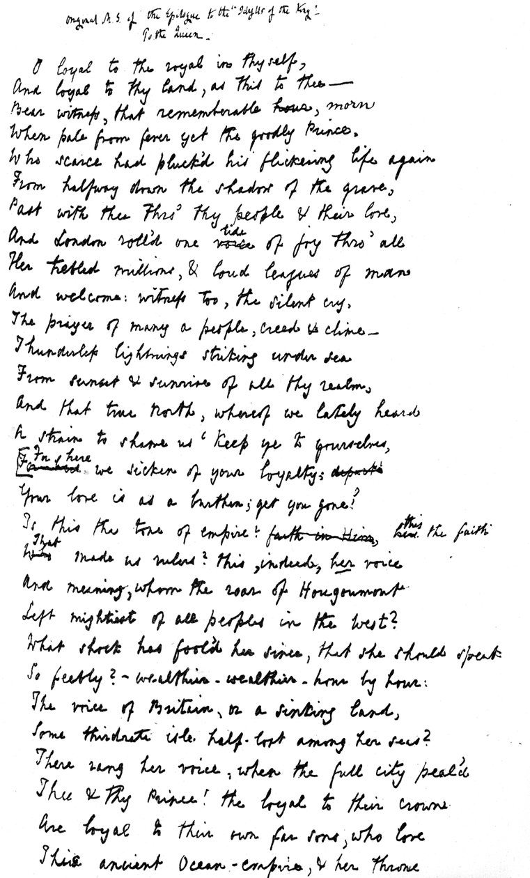 Alkuperäinen käsikirjoitus "Kuninkaan idyllien" epilogista, osoitettu kuningatar Victorialle, 1872 tekijältä Alfred Lord Tennyson