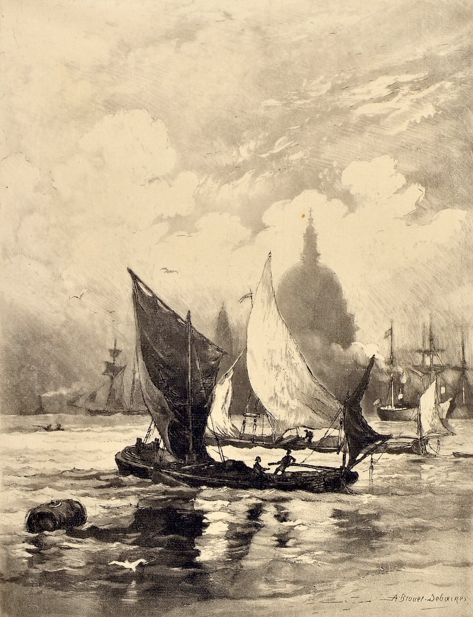 The Thames Below London Bridge (akvatinta) tekijältä Alfred Louis Brunet Debaines